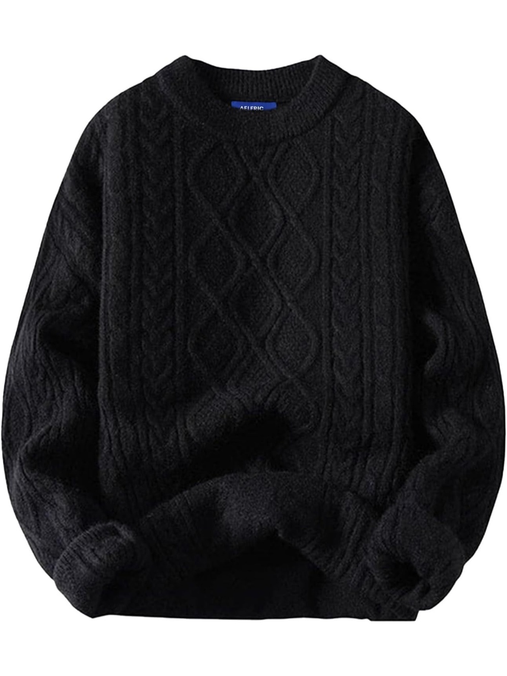 Women's Black Crewneck Pullover Knit Long Sleeve Vintage Cable Oversized Sweater